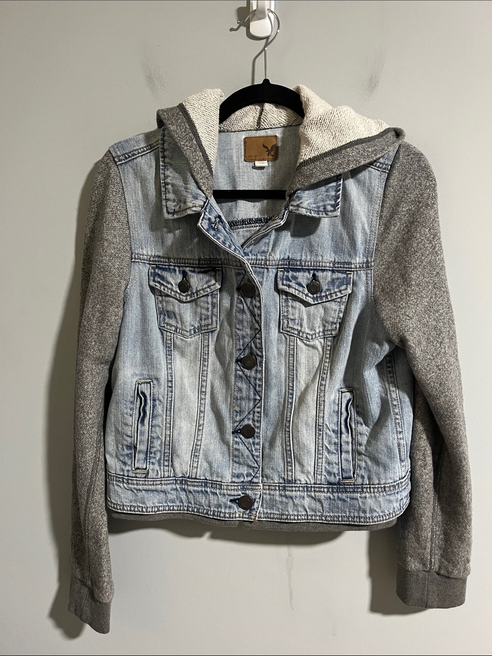 American Eagle Hooded Jean Jacket with Sweatshirt Sleeves